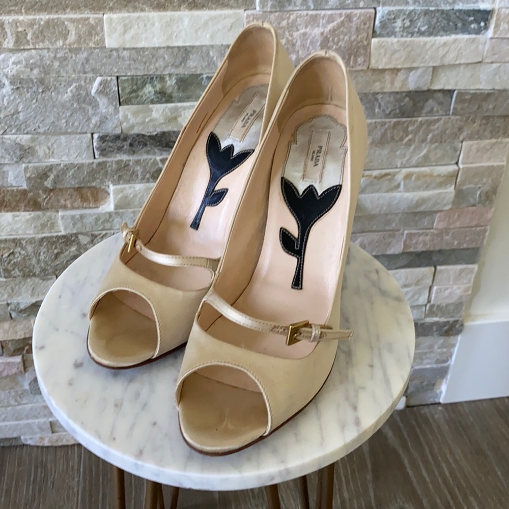 Prada Carved Rose Flower Stem Heel Stiletto Satin